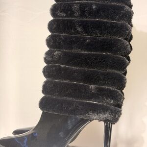 Black Faux Fur Stacked Knee Bootie - Women's High Heel